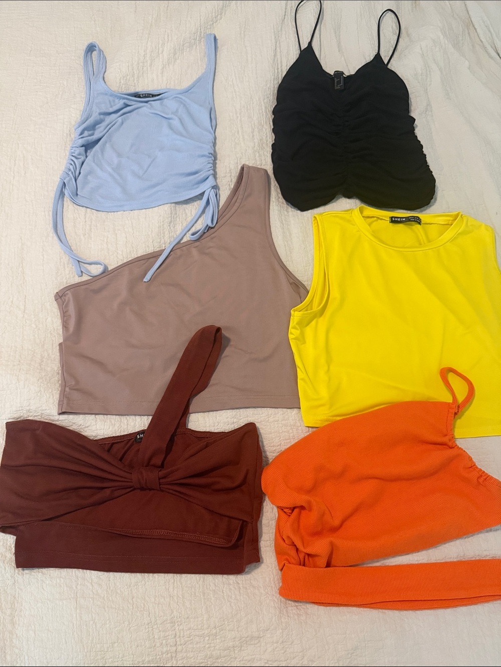 SHEIN Crop Top Bundle in Light Blue, Black, Taupe, Yellow, Brown, Orange